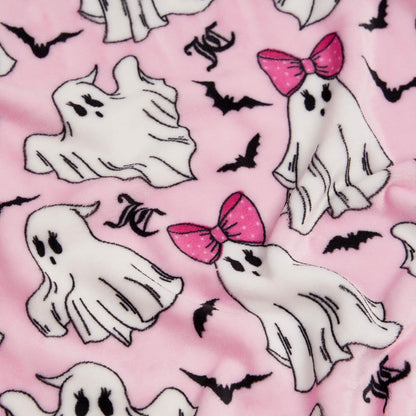 The Halloween Plush Throw Blanket 50" x 60" features pink fabric with cute white ghosts, some with polka-dot bows, black bats, and JC initials—ideal for Juicy Couture fans or as festive Halloween home decor.