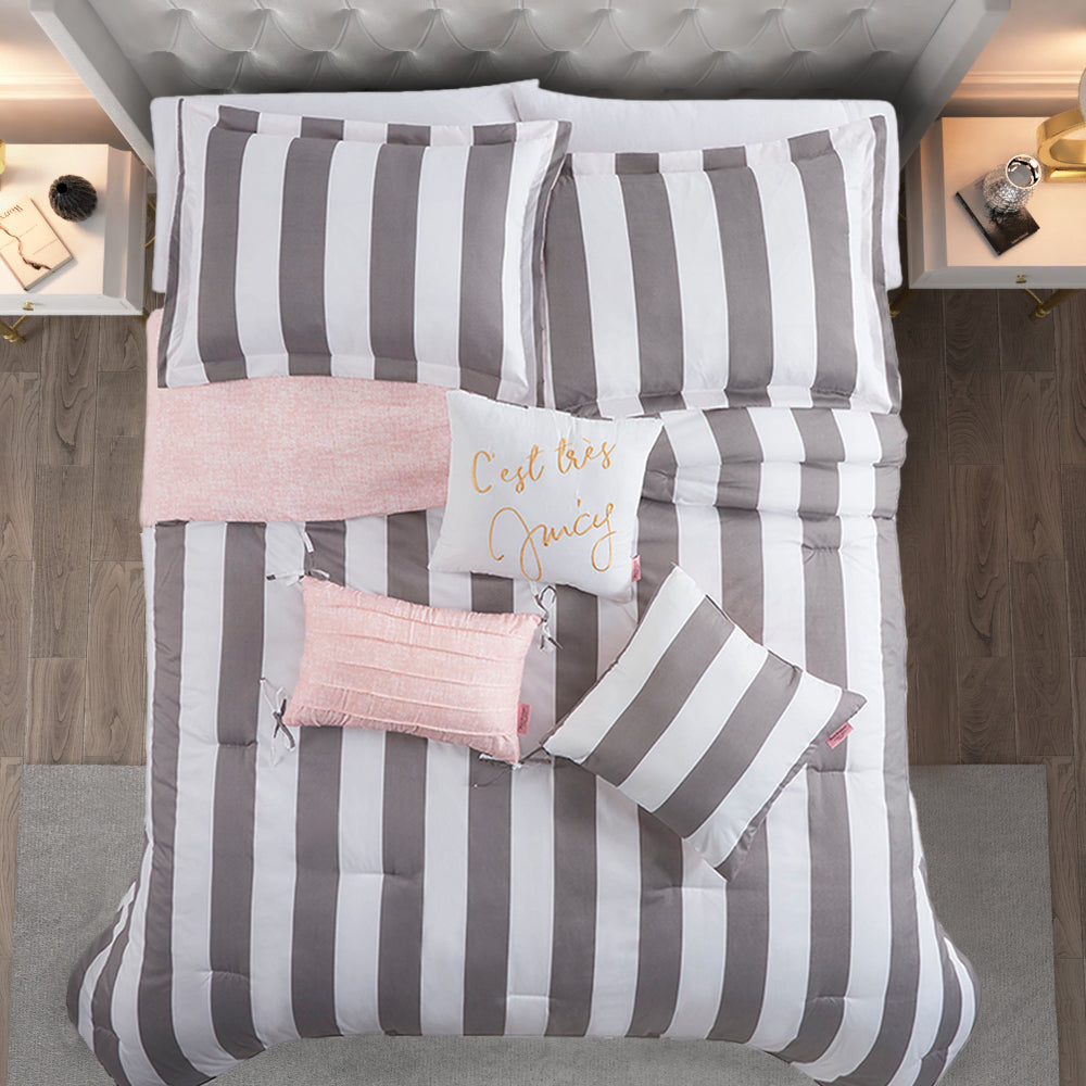 Cabana Striped Reversible Comforter Set - Grey/White - Juicy Couture