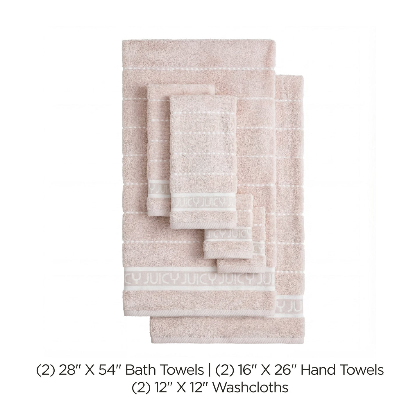The Plush Stripe Bath Towel Set in beige with white stripes includes 2 bath towels, 2 hand towels, and 2 washcloths, all quick-drying and ultra-soft. Sizes and quantities are listed below the set, arranged from largest to smallest.