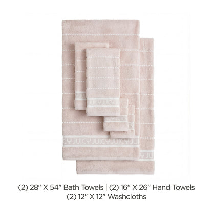 The Plush Stripe Bath Towel Set in beige with white stripes includes 2 bath towels, 2 hand towels, and 2 washcloths, all quick-drying and ultra-soft. Sizes and quantities are listed below the set, arranged from largest to smallest.