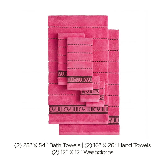 The Plush Stripe Bath Towel Set in pink features decorative stitched lines and a JUICY band. This ultra-soft set includes 28x54 bath towels, 16x26 hand towels, and 12x12 washcloths.