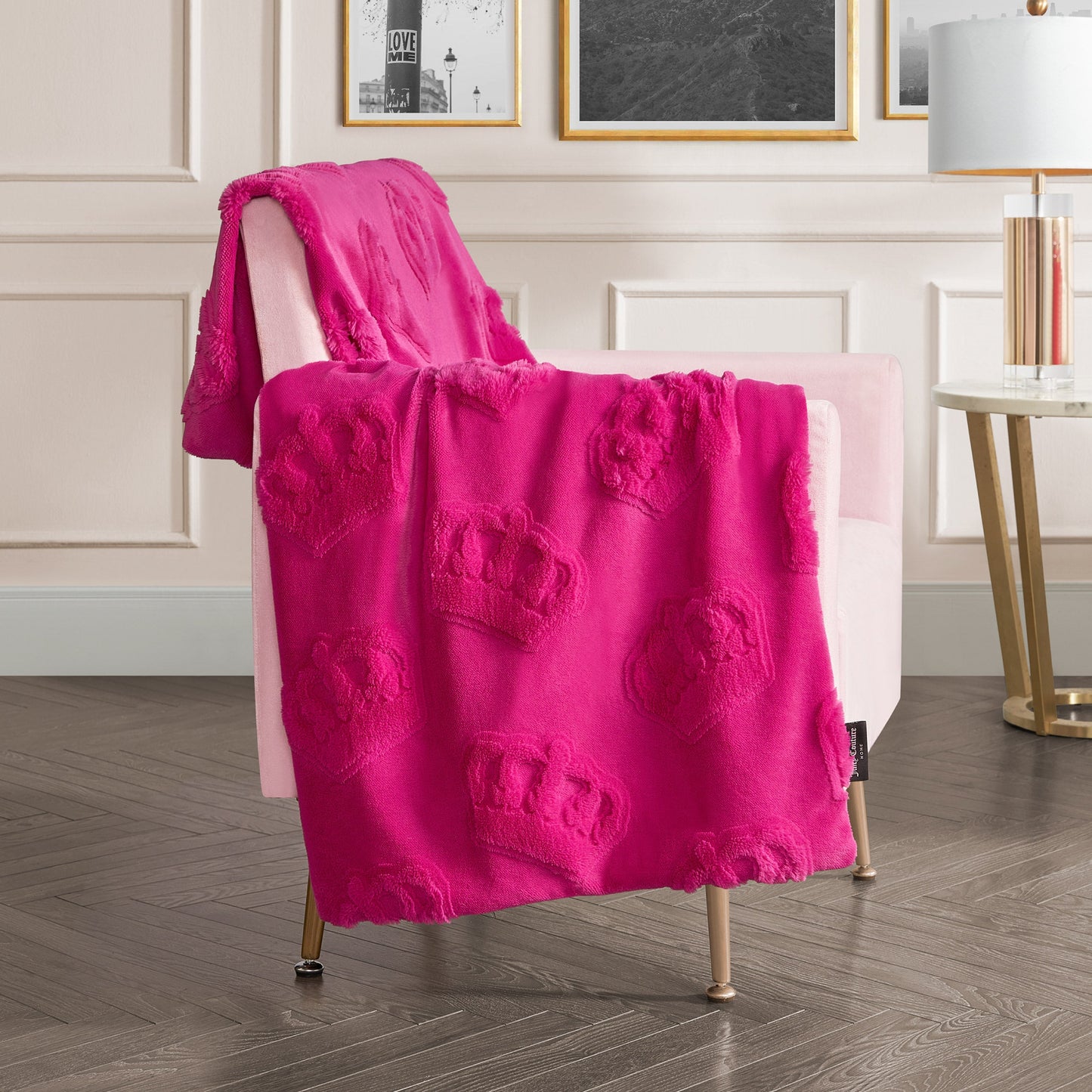3D Faux Fur Throw Blanket - Hot Pink Crowns - Juicy Couture