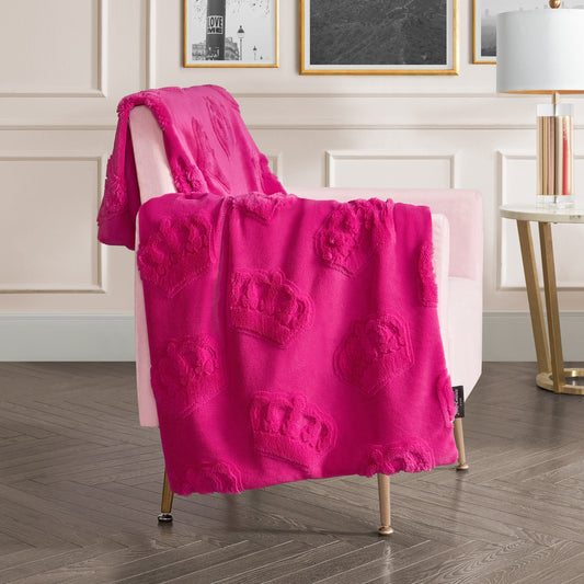 3D Faux Fur Throw Blanket - Hot Pink Crowns - Juicy Couture