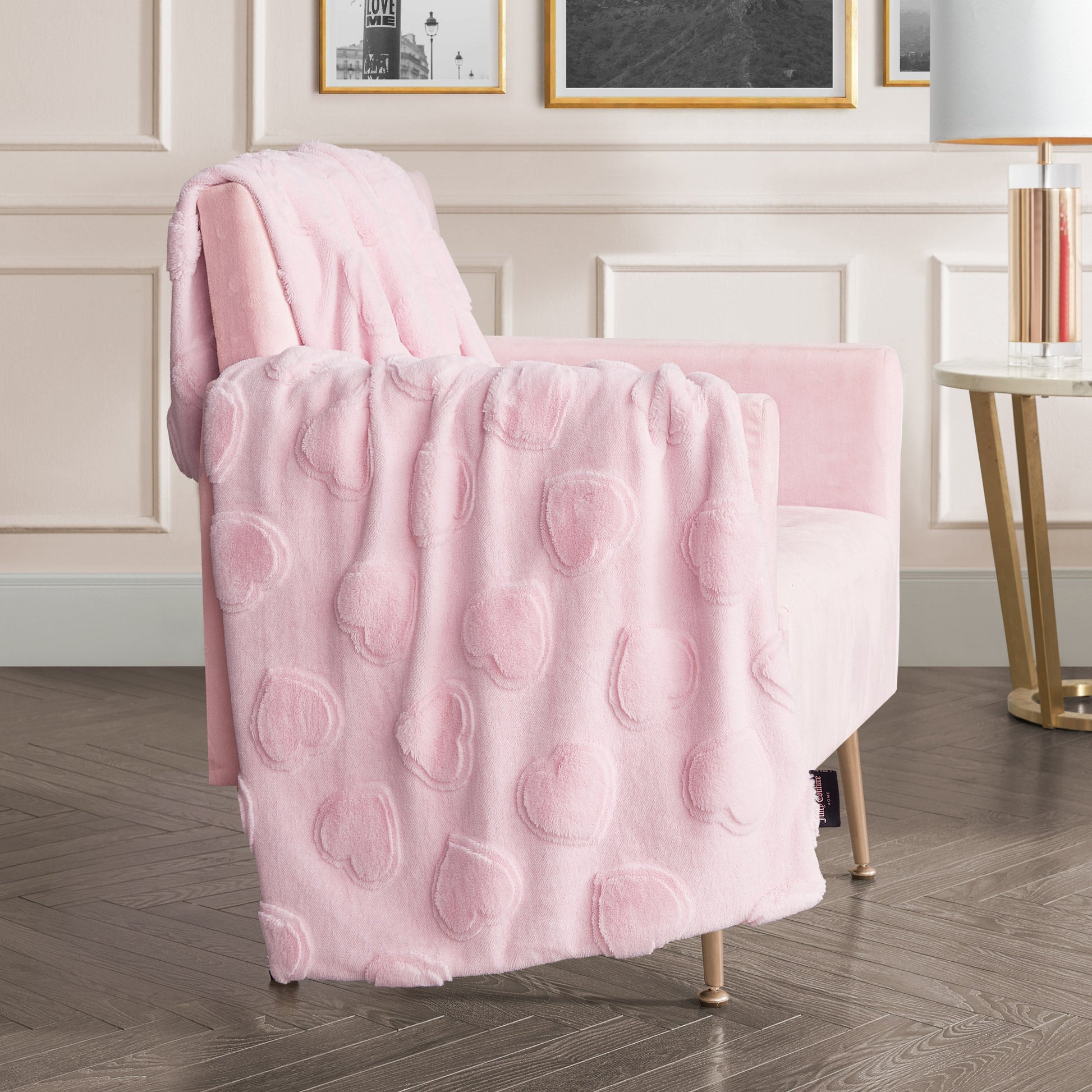 3D Faux Fur Throw Blanket - Light Pink Hearts - Juicy Couture
