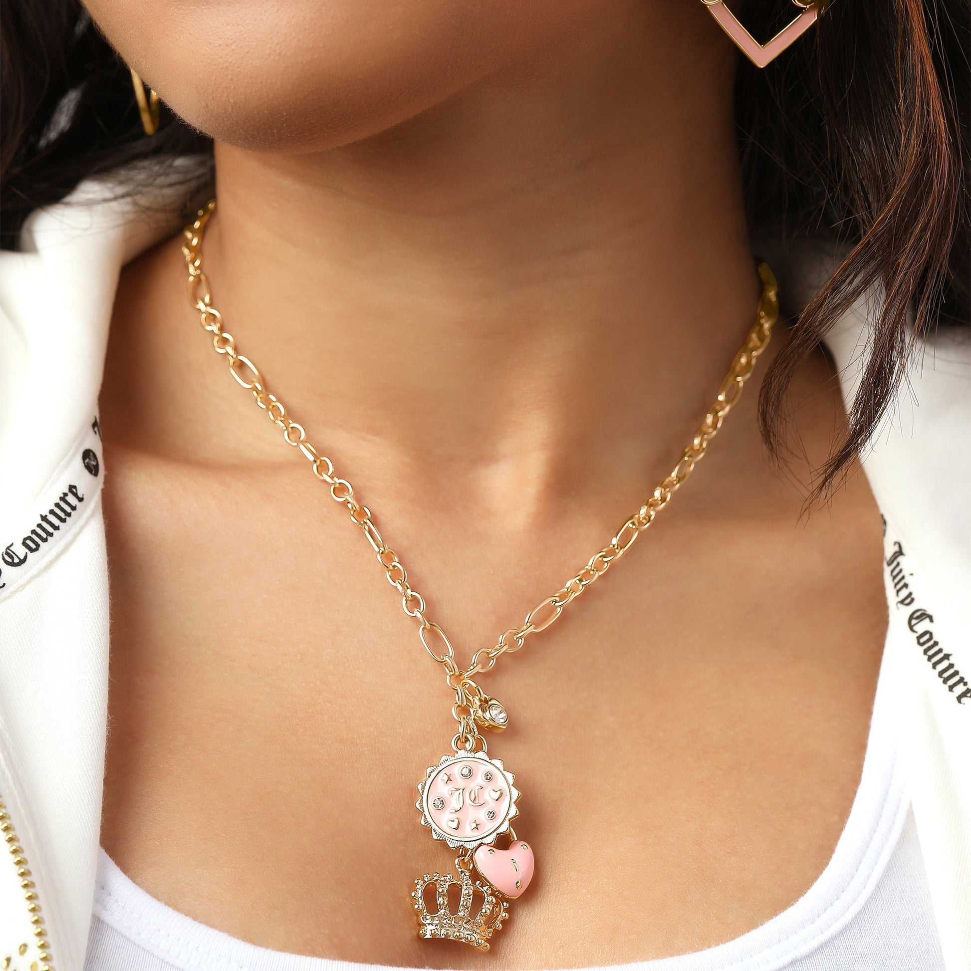 Layered Charm Necklace with Pink Enamel Accents - Goldtone - Juicy Couture
