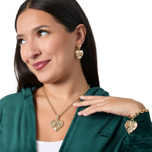 Quilted Double‑Heart Drop Earrings - Goldtone - Juicy Couture