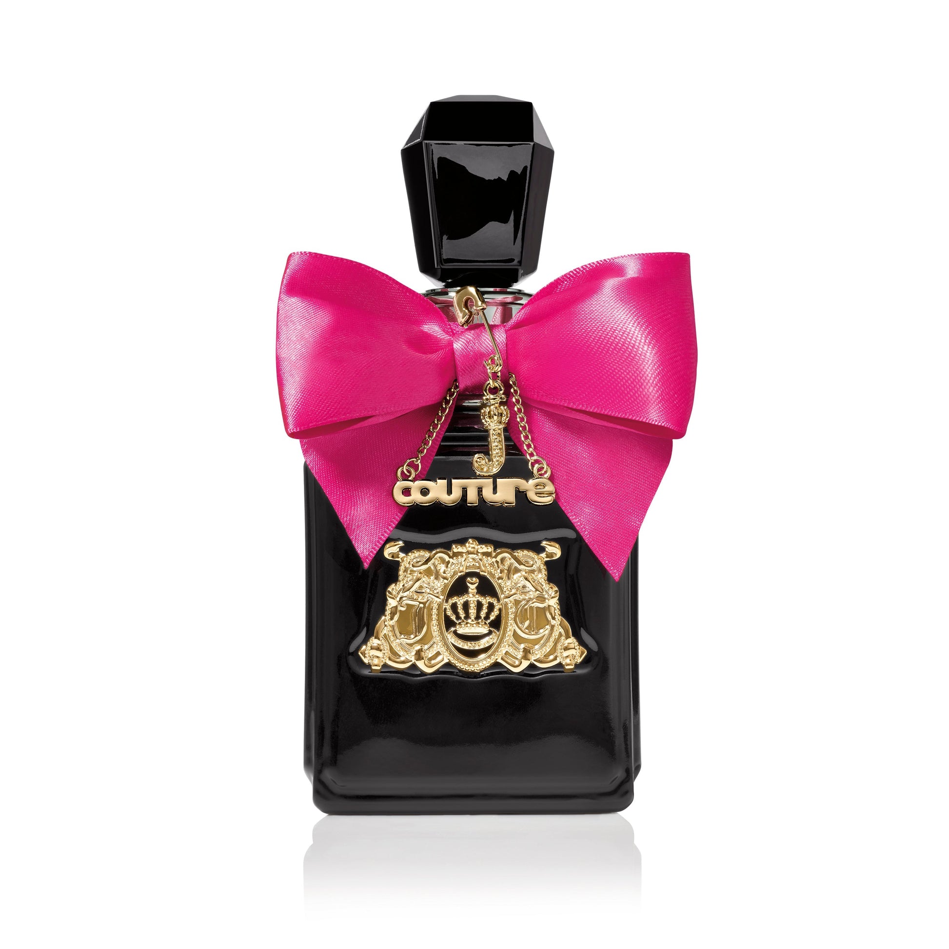 The Viva La Juicy Elixir Eau de Parfum Spray, 3.4 oz, features a shiny black bottle with a faceted cap, bright pink bow, and gold charms—capturing its floral amber gourmand scent.