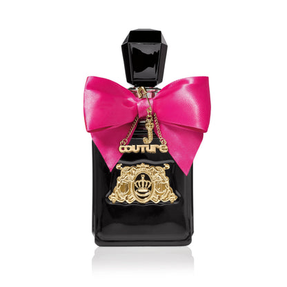 The Viva La Juicy Elixir Eau de Parfum Spray, 3.4 oz, features a shiny black bottle with a faceted cap, bright pink bow, and gold charms—capturing its floral amber gourmand scent.