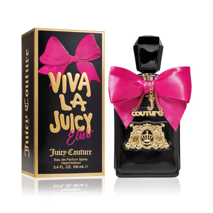 A black perfume bottle with a big pink bow and gold charms stands by its box, both labeled "Viva La Juicy Elixir Eau de Parfum Spray, 3.4 oz," highlighting its floral amber gourmand scent and Juicy Couture branding.