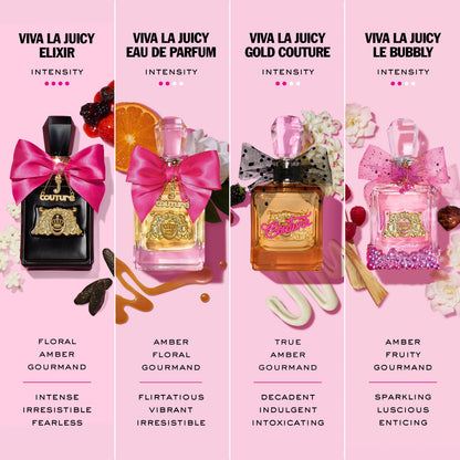 The Viva La Juicy Elixir Eau de Parfum Spray (3.4 oz) features a festive bow and is set against a pink background with fruits and flowers, highlighting its unique floral amber gourmand scent.