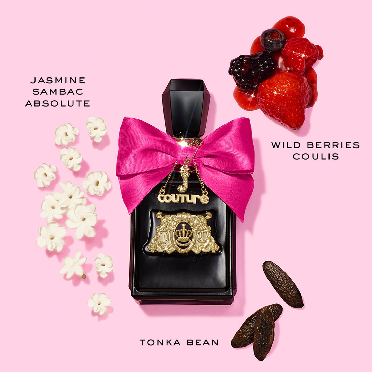 A black Viva La Juicy Elixir Eau de Parfum Spray, 1.7 oz bottle with a pink bow and gold charm is surrounded by jasmine sambac absolute, wild berries coulis, and tonka bean on a pink background—a perfect perfume for women.