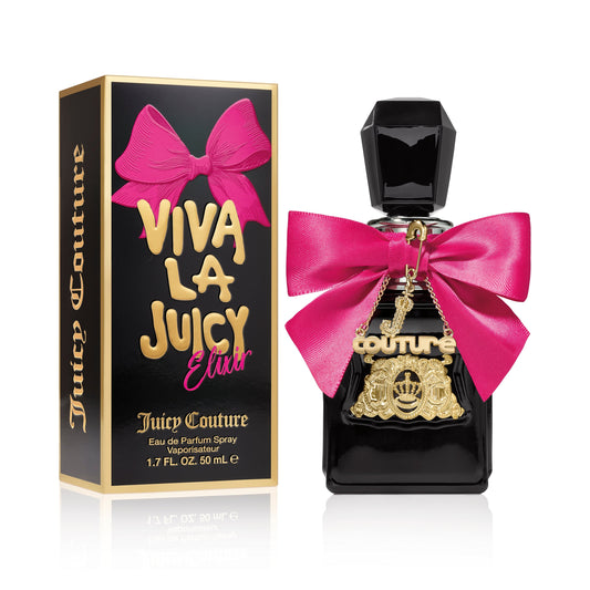 A black Viva La Juicy Elixir Eau de Parfum Spray, 1.7 oz bottle with a pink bow and gold charms is shown beside its matching box, featuring "Viva La Juicy Elixir" in gold and pink on a black background—a signature fragrance for women.