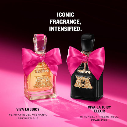 Juicy Couture’s Viva La Juicy Elixir Eau de Parfum Spray Pen, 0.33 oz, with a pink bow, rests on a pink surface. Above: Iconic fragrance, intensified. Discover the ultimate women’s perfume below.