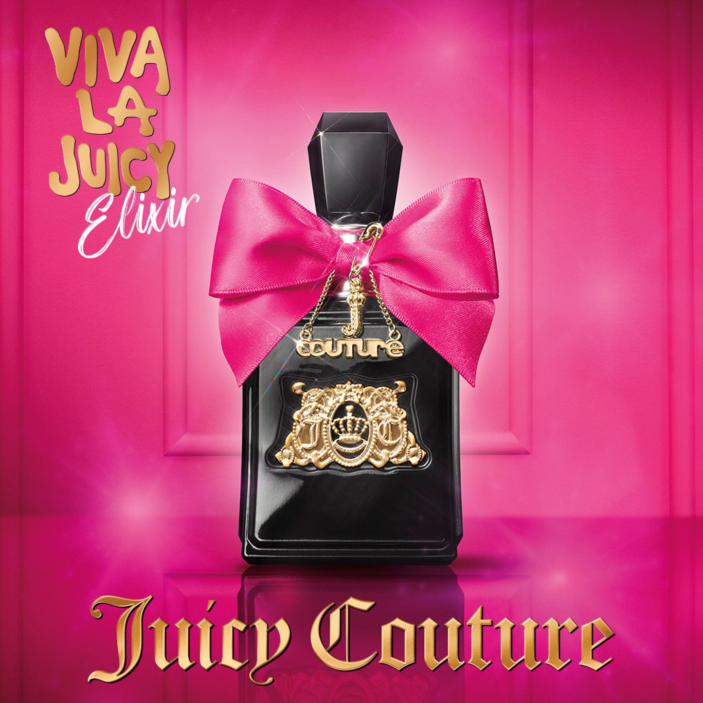 A black Viva La Juicy Elixir Eau de Parfum Spray Pen, 0.33 oz, with a large pink bow and gold emblem sits on a pink background. The text reads Juicy Couture—perfect for women who love bold, elegant scents.