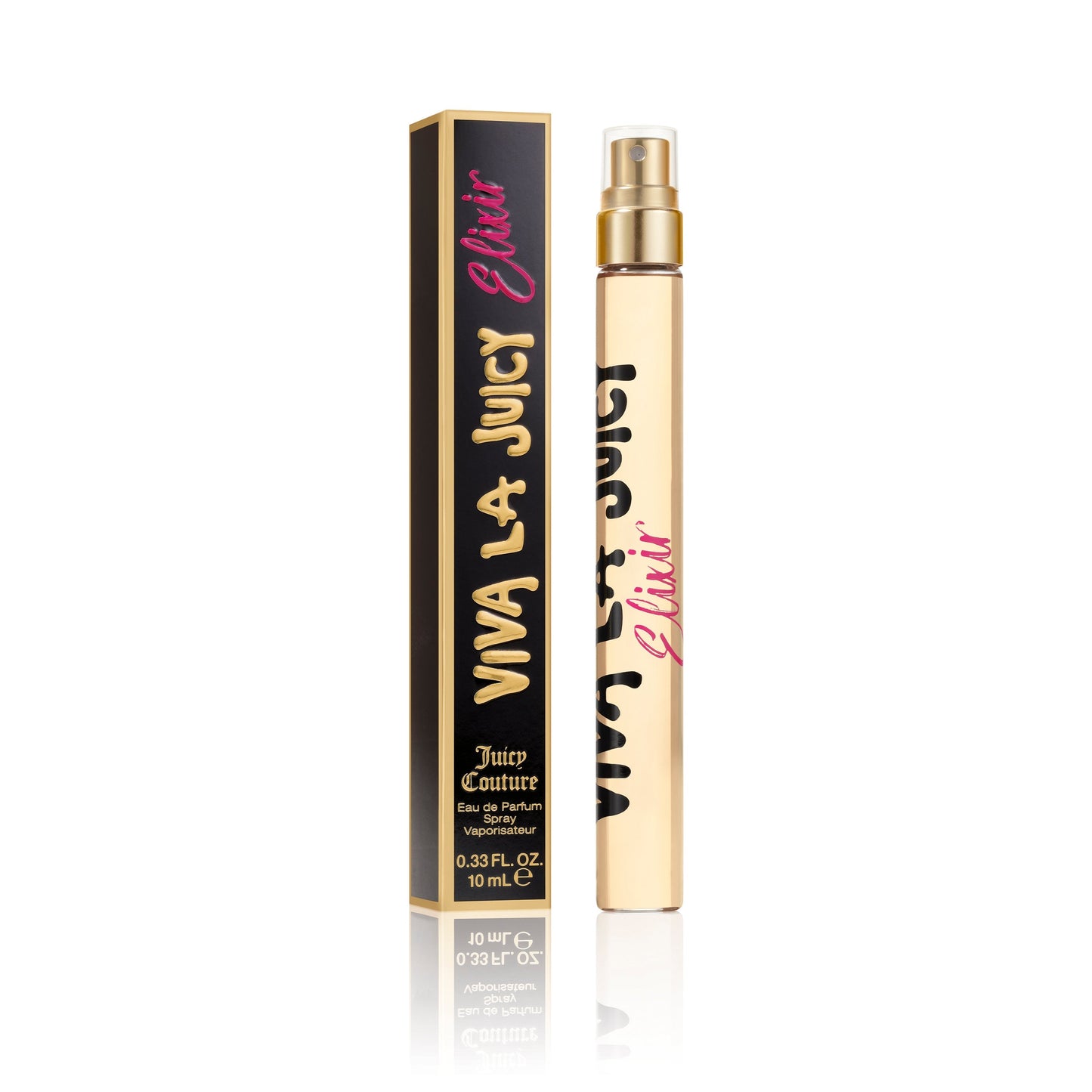 A 0.33 oz Viva La Juicy Elixir Eau de Parfum Spray Pen and its matching box, both featuring bold pink and gold lettering, are displayed on a white background.