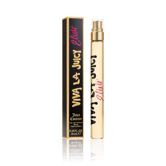 A 0.33 oz Viva La Juicy Elixir Eau de Parfum Spray Pen and its matching box, both featuring bold pink and gold lettering, are displayed on a white background.