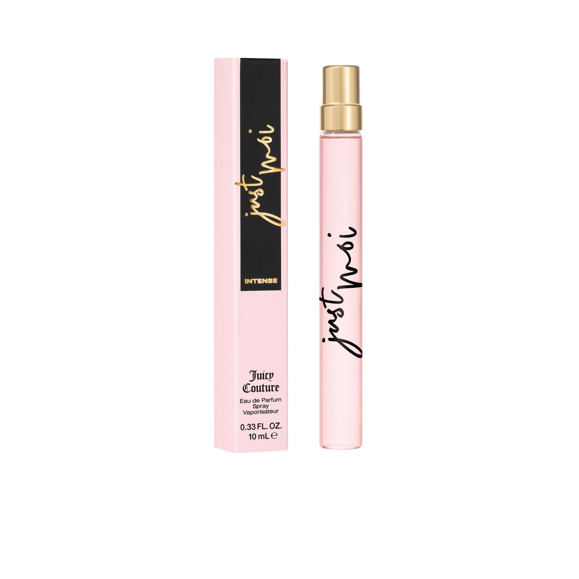 A pink rectangular box labeled Just Moi Intense stands beside a matching pink and gold spray pen. This 0.33 oz women's eau de parfum by Juicy Couture features "Just Moi" in black script.