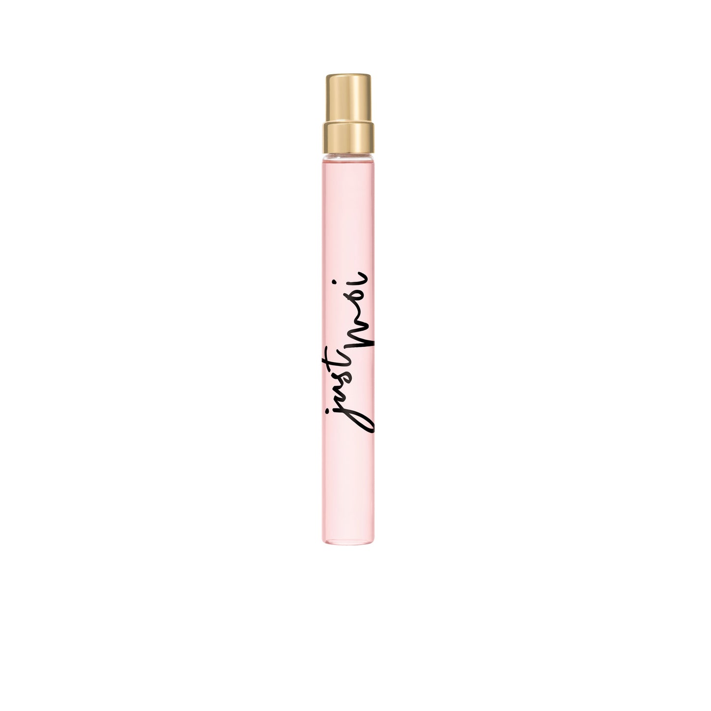 A slim, cylindrical pink Just Moi Intense Eau de Parfum Spray Pen (0.33 oz) with a gold cap and black cursive lettering. This women’s scent features Amber Vanilla notes, presented against a plain white background.