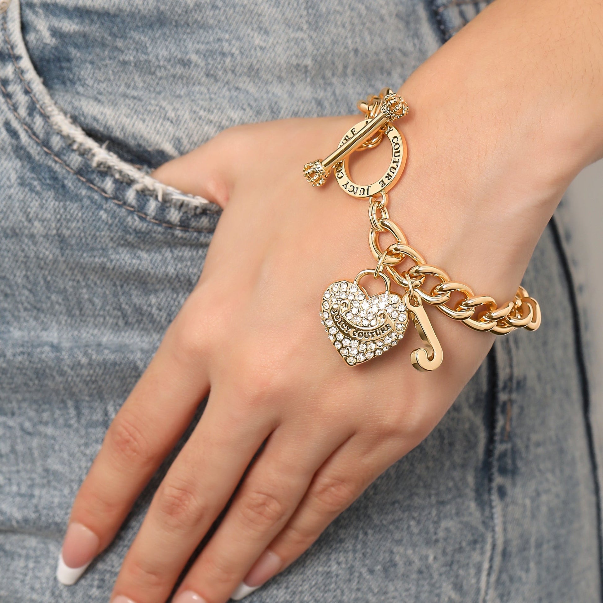 Crystal Heart Charm Toggle Bracelet - Goldtone - Juicy Couture