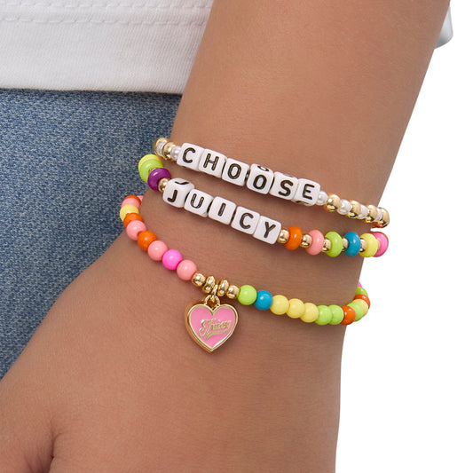 Kids Choose Juicy Heart Charm 3 Piece Stretch Beaded Bracelet Set - Goldtone - Juicy Couture