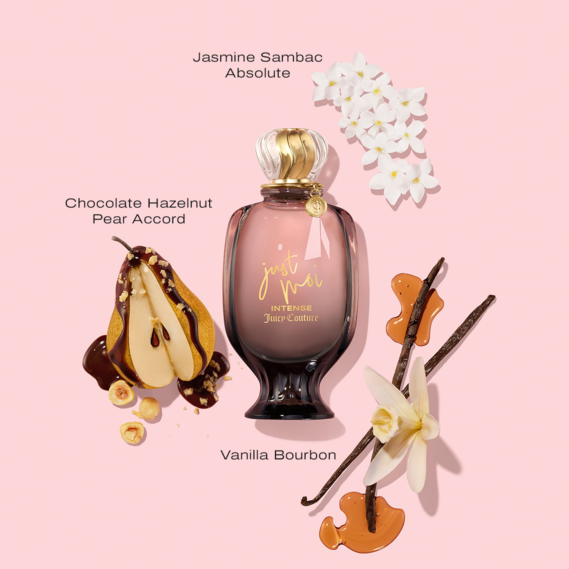 The Just Moi Intense Eau de Parfum Spray Pen, 0.33 oz, features notes of Jasmine Sambac Absolute, Chocolate Hazelnut Pear Accord, and Vanilla Bourbon, shown with jasmine flowers, chocolate-dipped pear halves, and vanilla beans.