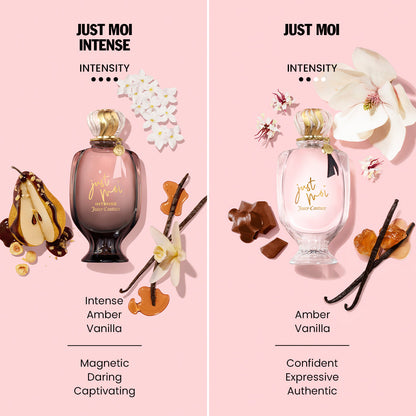 Two women’s perfumes on pink: Left, Just Moi Intense Eau de Parfum Spray Pen (0.33 oz)—a dark bottle with amber, vanilla, pear, and floral notes. Right, Amber Vanilla—a clear bottle with chocolate, vanilla, and florals; both are enchanting scents.