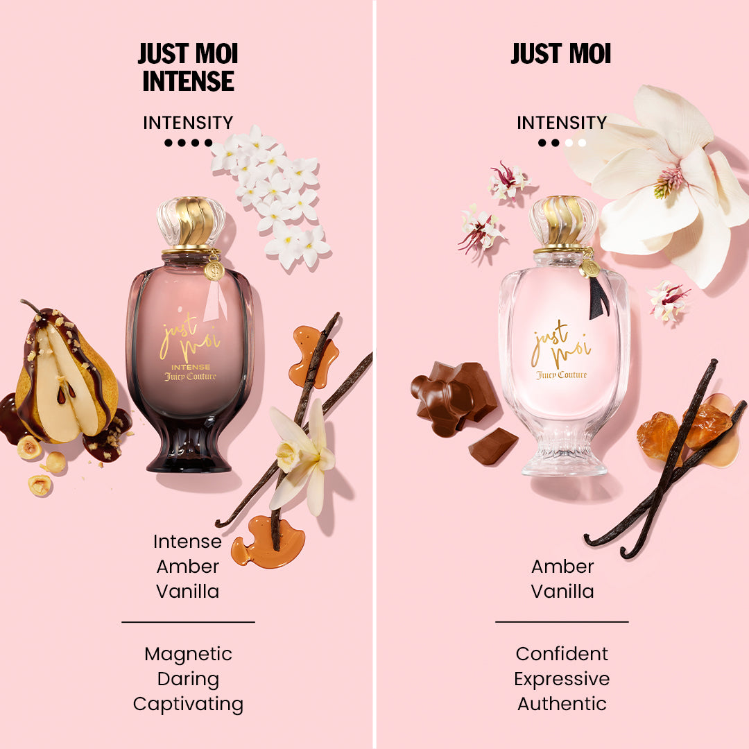 Two women’s perfumes on pink: Left, Just Moi Intense Eau de Parfum Spray Pen (0.33 oz)—a dark bottle with amber, vanilla, pear, and floral notes. Right, Amber Vanilla—a clear bottle with chocolate, vanilla, and florals; both are enchanting scents.