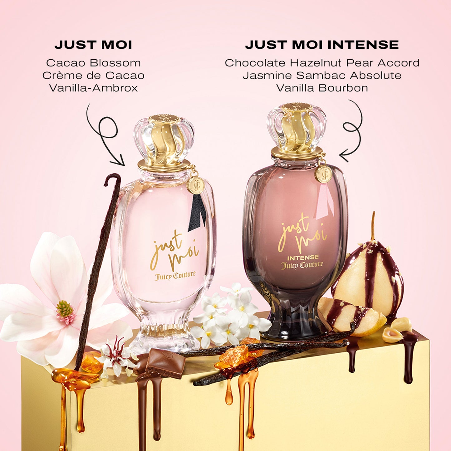 Just Moi Intense Eau de Parfum Spray Pen, 0.33 oz, stands on a gold surface surrounded by vanilla beans, chocolate, pear, cacao blossom, and caramel. Above the pen are the Amber Vanilla perfume ingredients beautifully displayed.