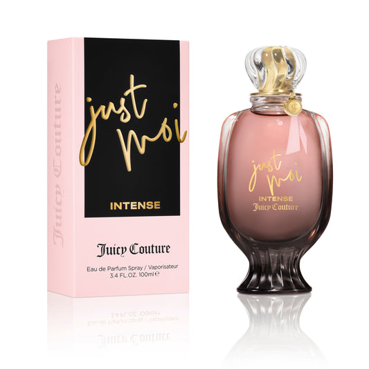 The pink box and matching bottle of Just Moi Intense Eau de Parfum Spray, 3.4 oz, feature gold lettering and a feminine design—ideal for fans of this Amber Vanilla fragrance.