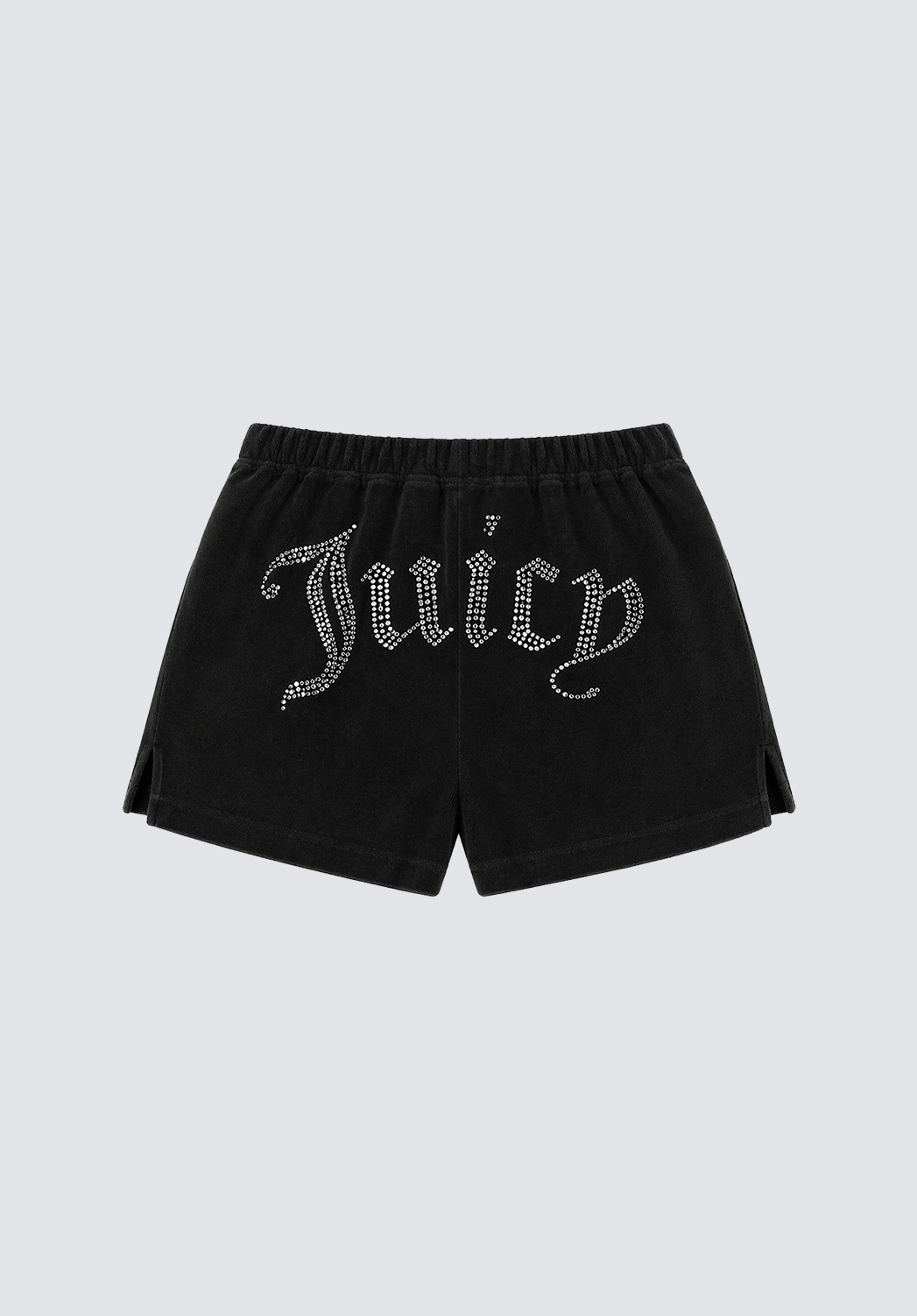 Big Bling Washed Terry Shorts in black velour feature a comfy drawstring waistband and "Juicy" in bold silver rhinestone letters across the front.