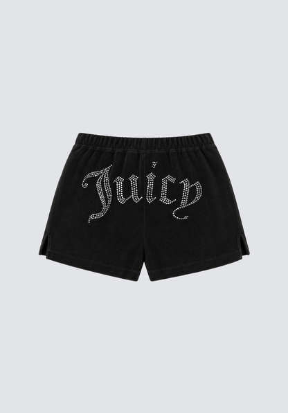 Big Bling Washed Terry Shorts in black velour feature a comfy drawstring waistband and "Juicy" in bold silver rhinestone letters across the front.
