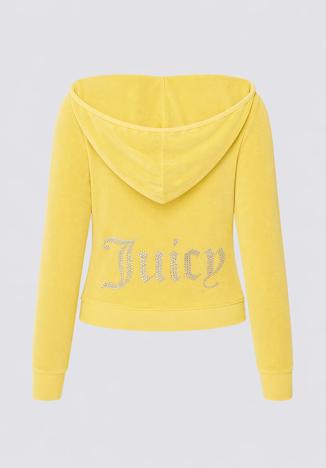 The Big Bling Washed Terry Hoodie is a bright yellow vintage zip-up with long sleeves, made from soft terry. "Juicy" in large sparkling rhinestones decorates the lower back. Displayed against a plain, light background.