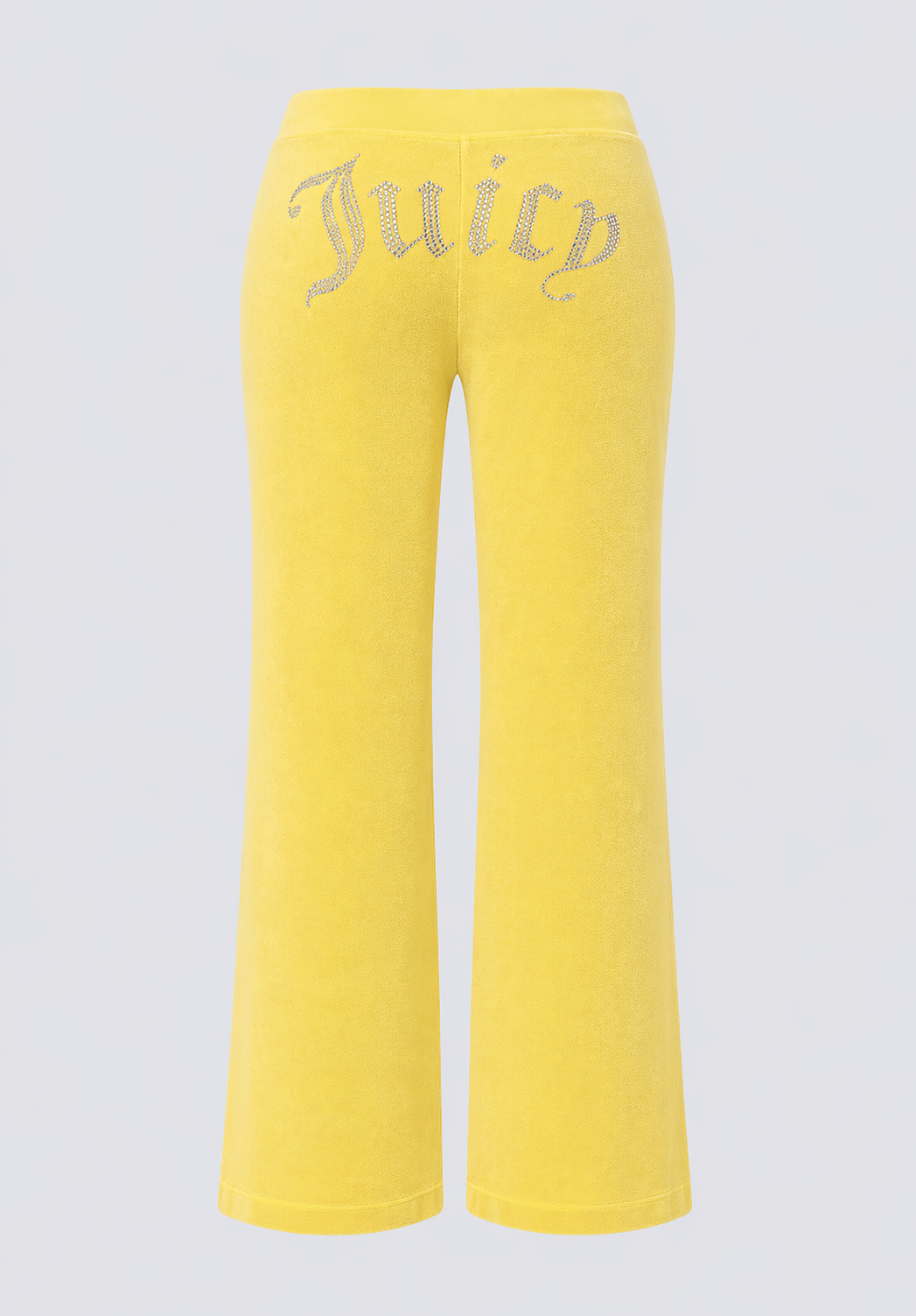 Big Bling Washed Terry Track Pants in bright yellow, seen from the back with flared legs and a rhinestone-embellished Juicy logo across the upper back.