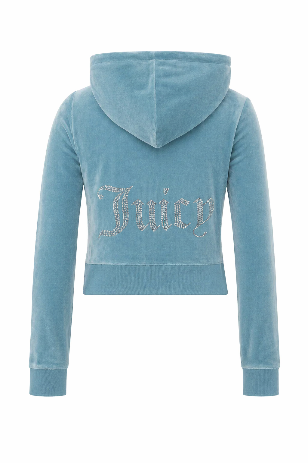 The OG Big Bling Velour Hoodie is a light blue Juicy hoodie with long sleeves and "Juicy" in rhinestones on the back for a signature sparkling touch.