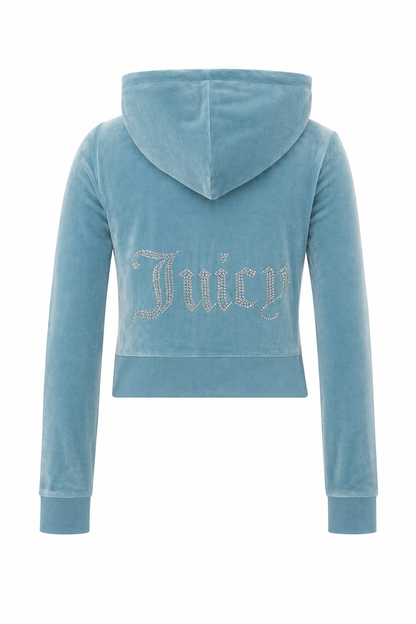 The OG Big Bling Velour Hoodie is a light blue Juicy hoodie with long sleeves and "Juicy" in rhinestones on the back for a signature sparkling touch.