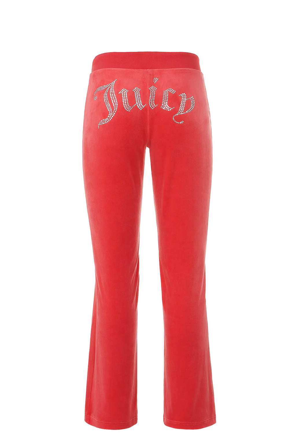 The OG Big Bling Velour Track Pants feature classic Y2K style with flared legs, a comfy elastic waistband, and rhinestone “Juicy” lettering across the back—shown from the rear.