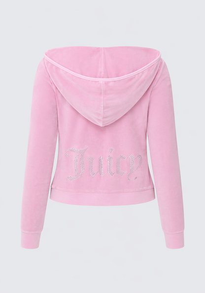 The Big Bling Washed Terry Hoodie is a light pink velour hoodie with long sleeves, a hood, and a rhinestone "Juicy" logo on the back.
