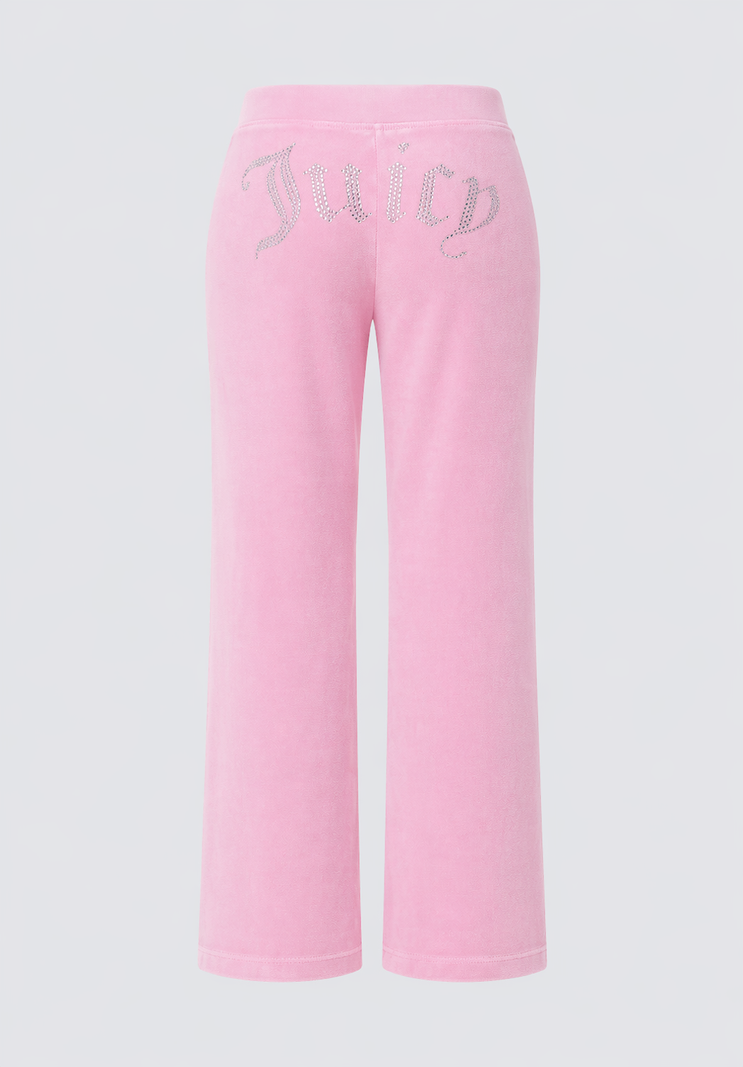 Back view of Big Bling Washed Terry Track Pants in pink, featuring a rhinestone "Juicy" logo across the back. These straight-leg pants offer a relaxed fit, adding casual beach-chic style to your look.