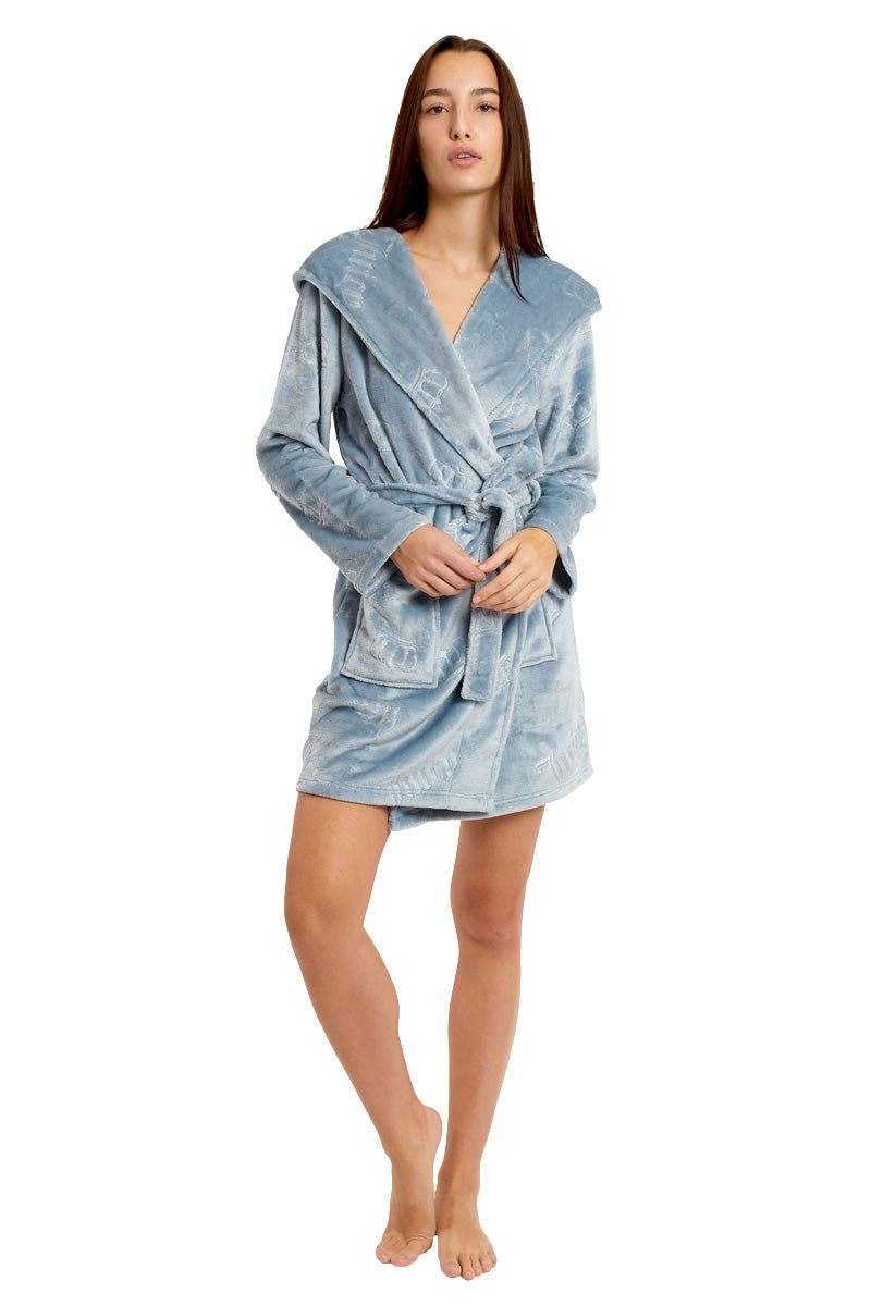 Hooded Luxe Plush Robe - Blue JC Emboss - Juicy Couture
