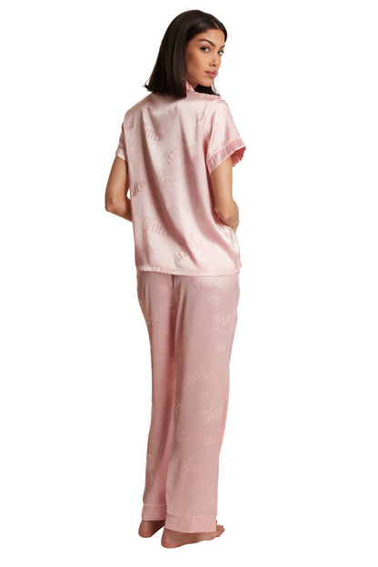 Satin Short Sleeve Notch Collar PJ Set - Light Pink Crown Toss - Juicy Couture