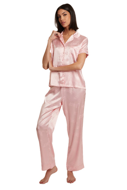 Satin Short Sleeve Notch Collar PJ Set - Light Pink Crown Toss - Juicy Couture