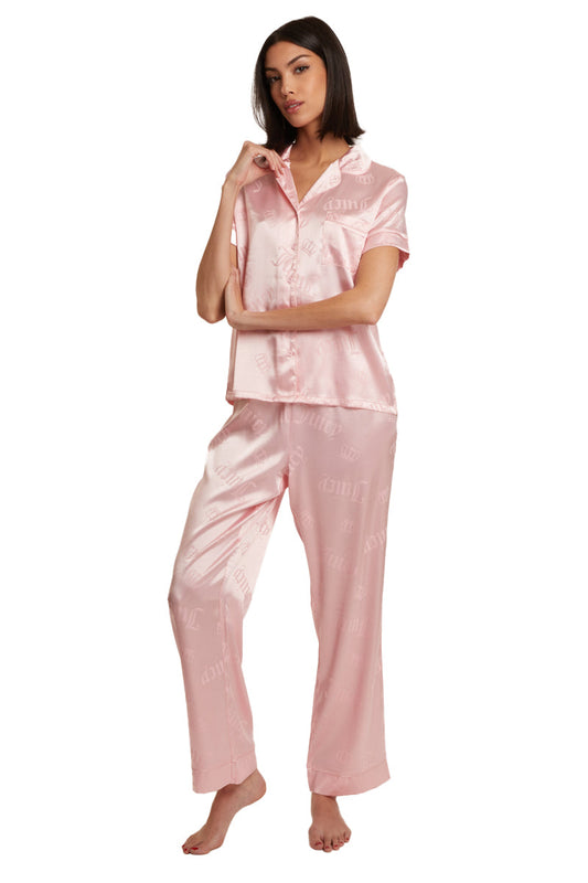 Satin Short Sleeve Notch Collar PJ Set - Light Pink Crown Toss - Juicy Couture