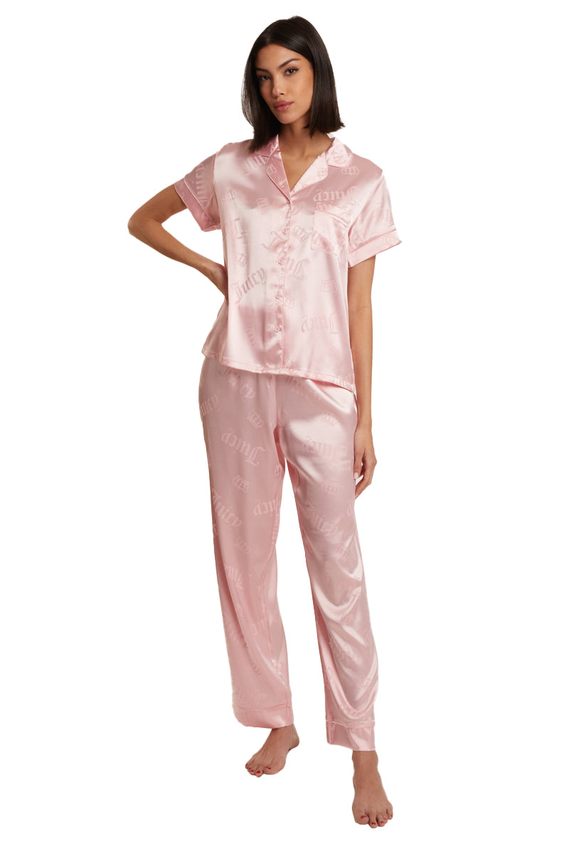Satin Short Sleeve Notch Collar PJ Set - Light Pink Crown Toss - Juicy Couture