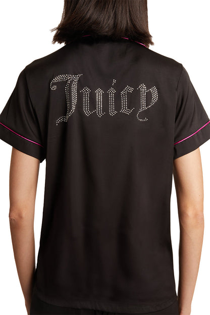 Satin Short Sleeve Notch Collar PJ Set - Black - Juicy Couture