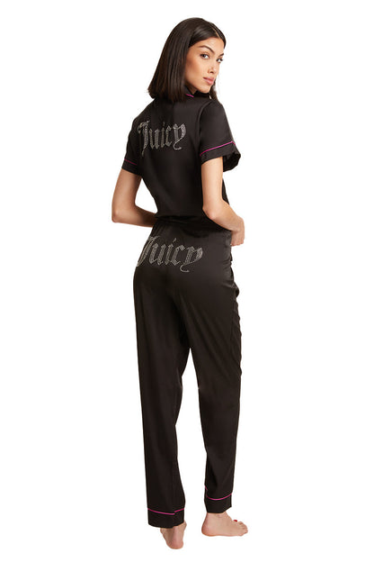 Satin Short Sleeve Notch Collar PJ Set - Black - Juicy Couture