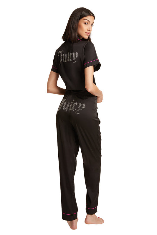Satin Short Sleeve Notch Collar PJ Set - Black - Juicy Couture