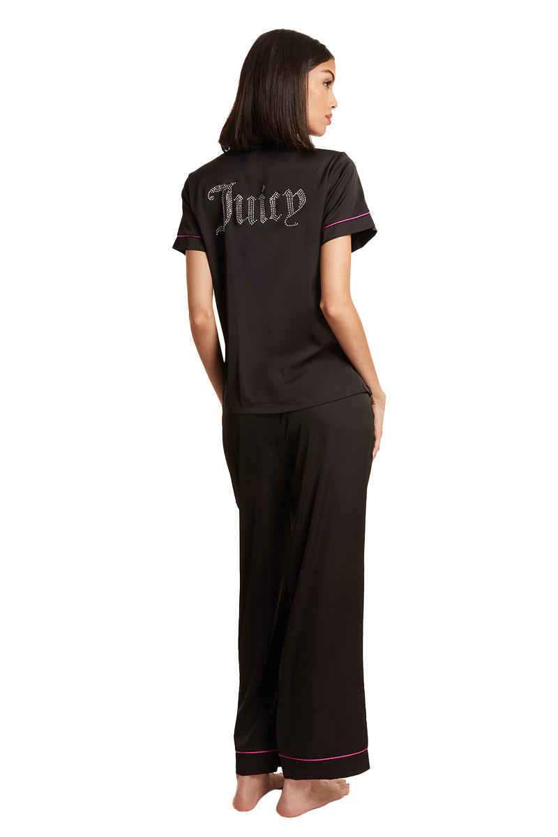 Satin Short Sleeve Notch Collar PJ Set - Black - Juicy Couture