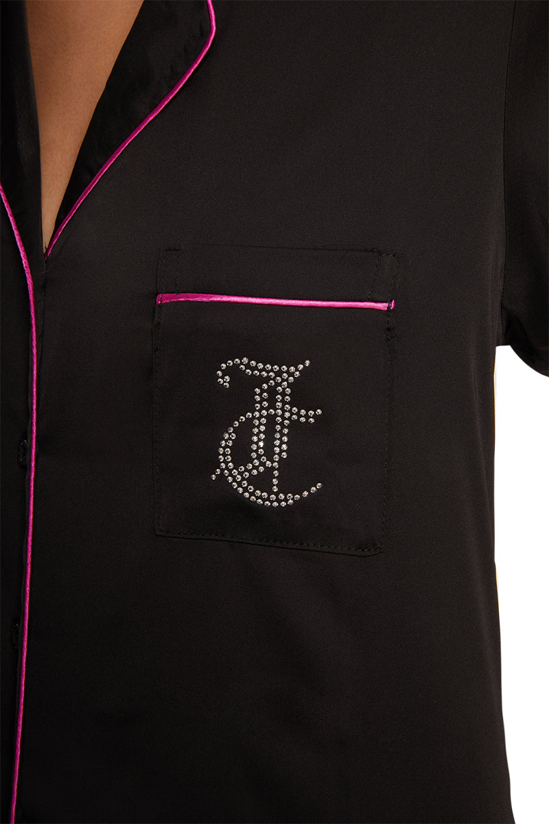 Satin Short Sleeve Notch Collar PJ Set - Black - Juicy Couture