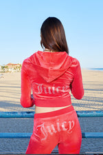 A person with long brown hair stands at a beach railing, wearing the OG Big Bling Velour Hoodie with sparkling embellishment on the back. Ocean, sand, and distant buildings complete this luxe scene.