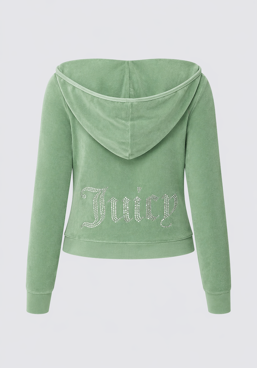 The Big Bling Washed Terry Hoodie is displayed from the back in light green, showcasing a hood and "Juicy" spelled out in sparkling rhinestones across the lower back.